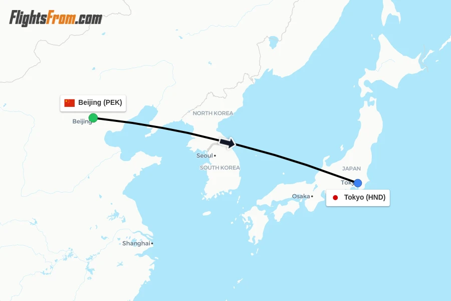 Flights from Beijing to Tokyo route map