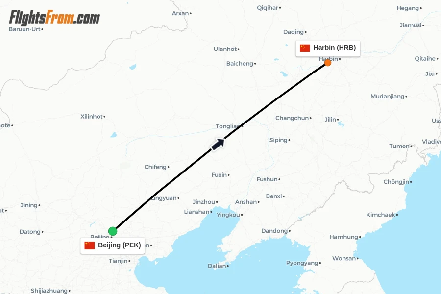 Flights from Beijing to Harbin route map