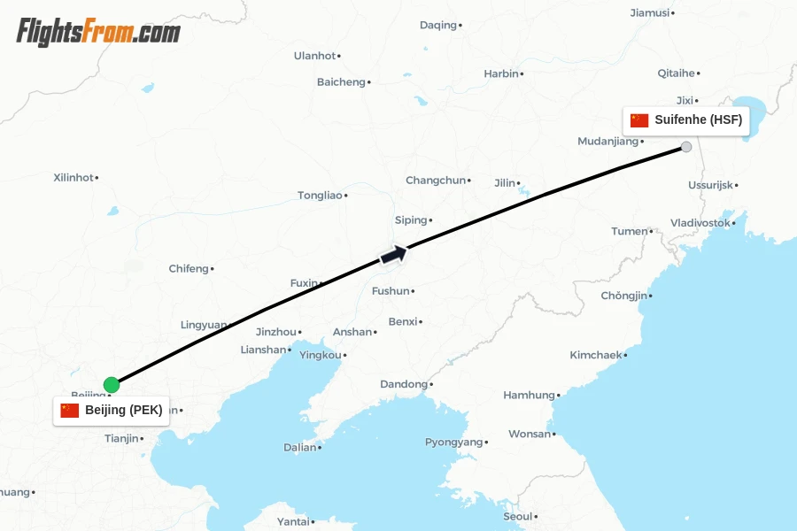 Flights from Beijing to Suifenhe route map