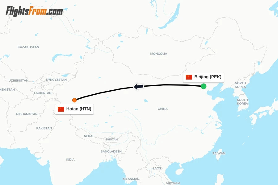 Flights from Beijing to Hotan route map
