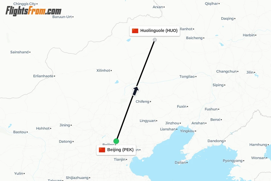 Flights from Beijing to Huolinguole route map