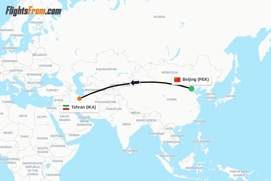 Flights from Beijing to Tehran route map