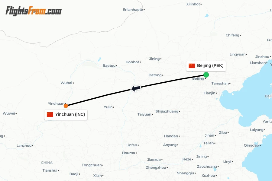 Flights from Beijing to Yinchuan route map