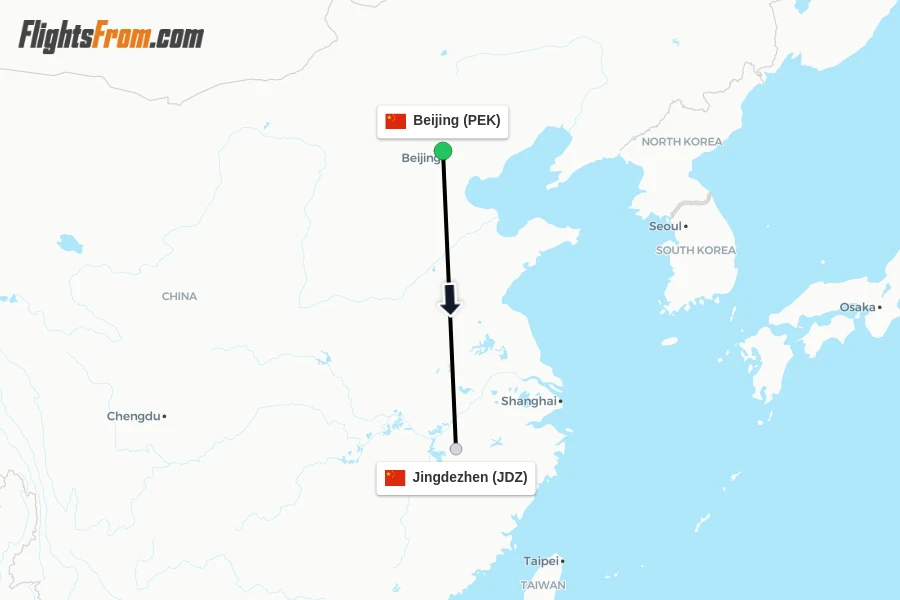 Flights from Beijing to Jingdezhen route map