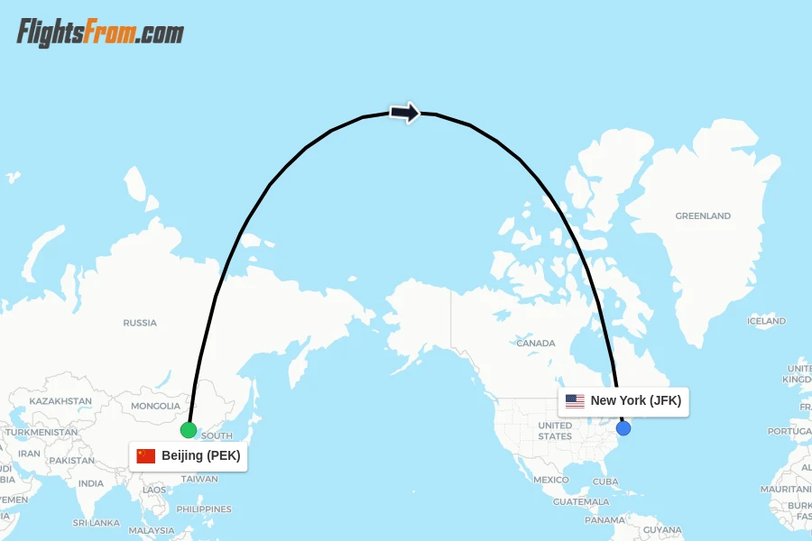 Flights from Beijing to New York route map