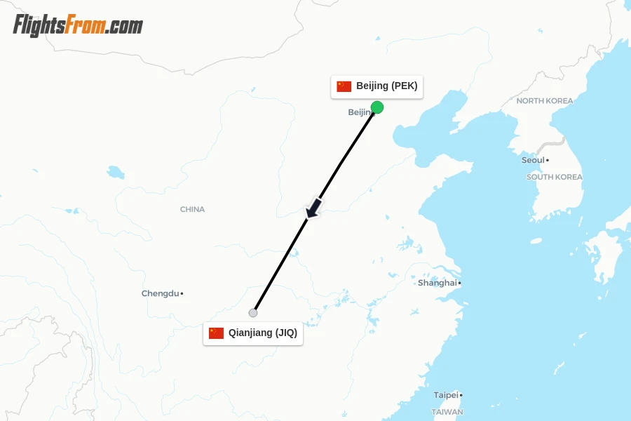 Flights from Beijing to Qianjiang route map
