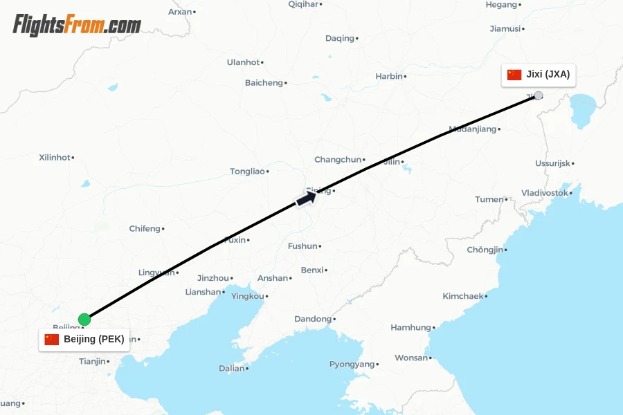 Flights from Beijing to Jixi route map