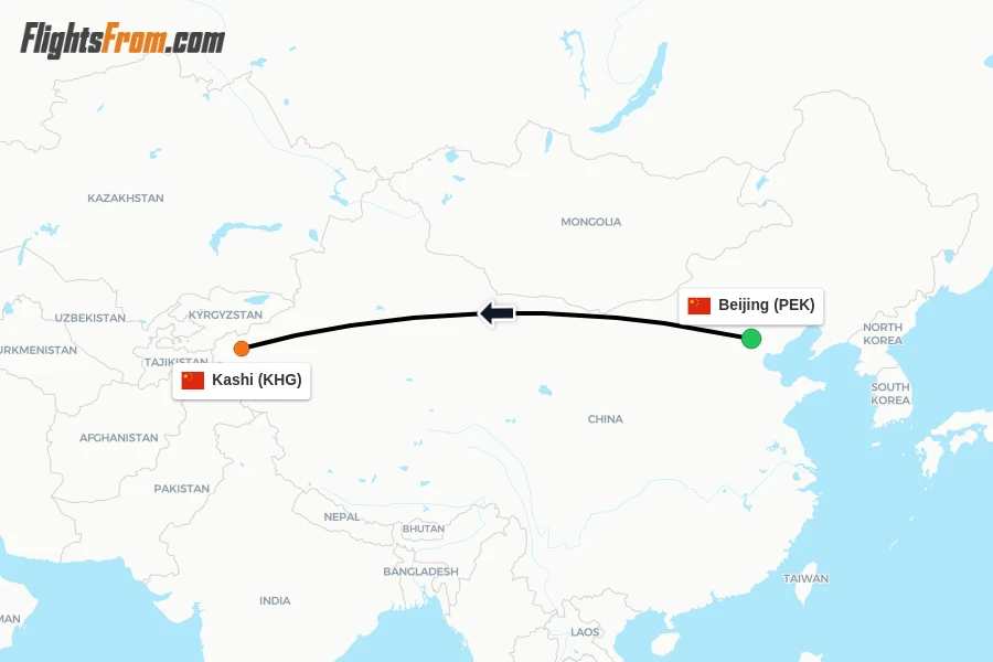Flights from Beijing to Kashi route map
