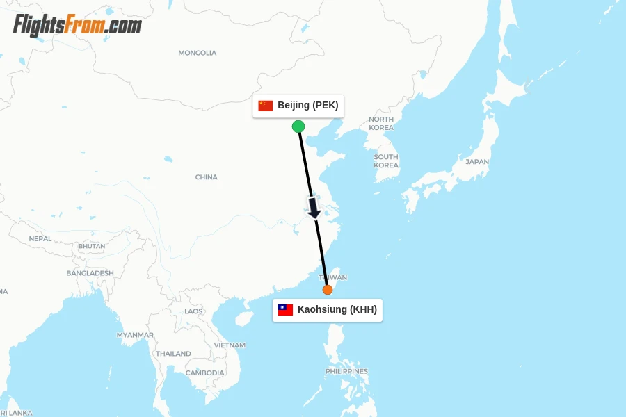 Flights from Beijing to Kaohsiung route map