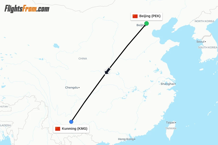 Flights from Beijing to Kunming route map