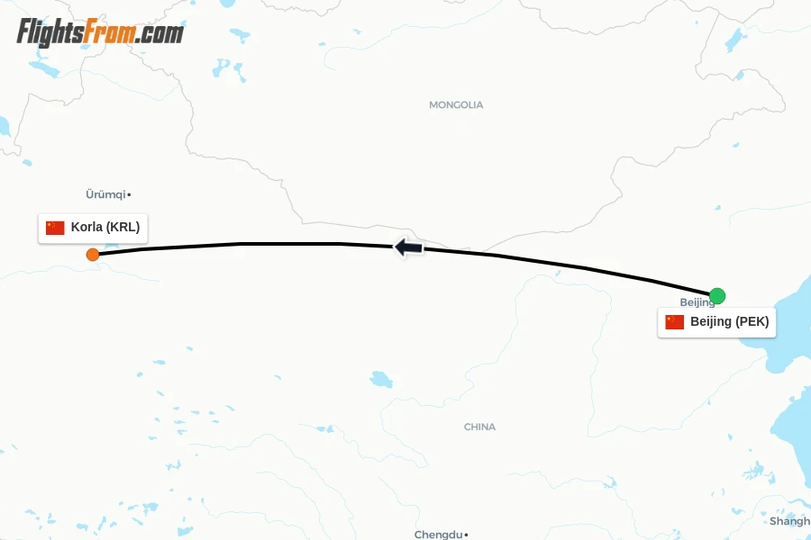Flights from Beijing to Korla route map