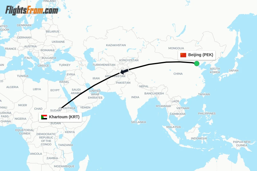 Flights from Beijing to Khartoum route map