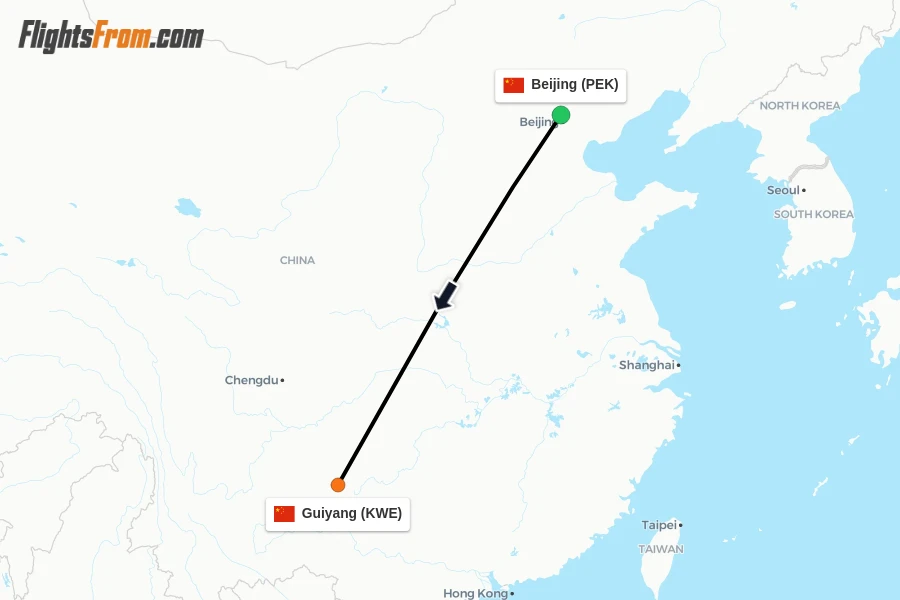 Flights from Beijing to Guiyang route map
