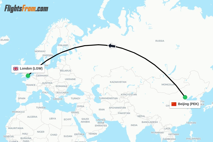 Flights from Beijing to London route map
