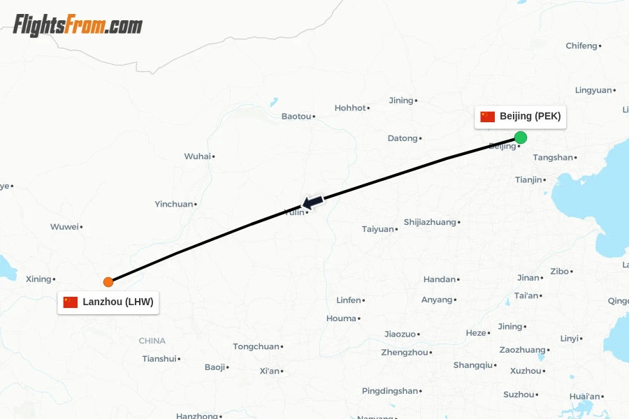 Flights from Beijing to Lanzhou route map