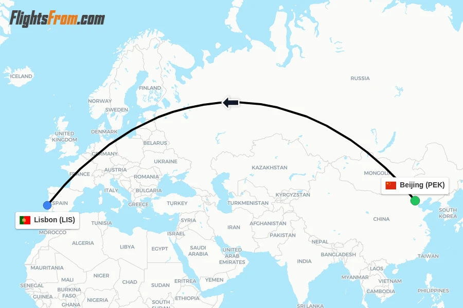 Flights from Beijing to Lisbon route map