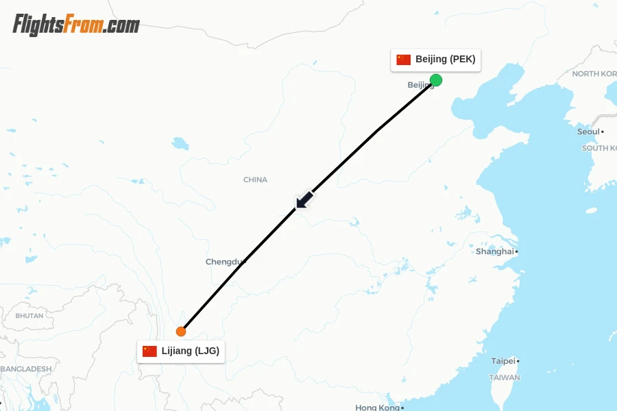 Flights from Beijing to Lijiang route map