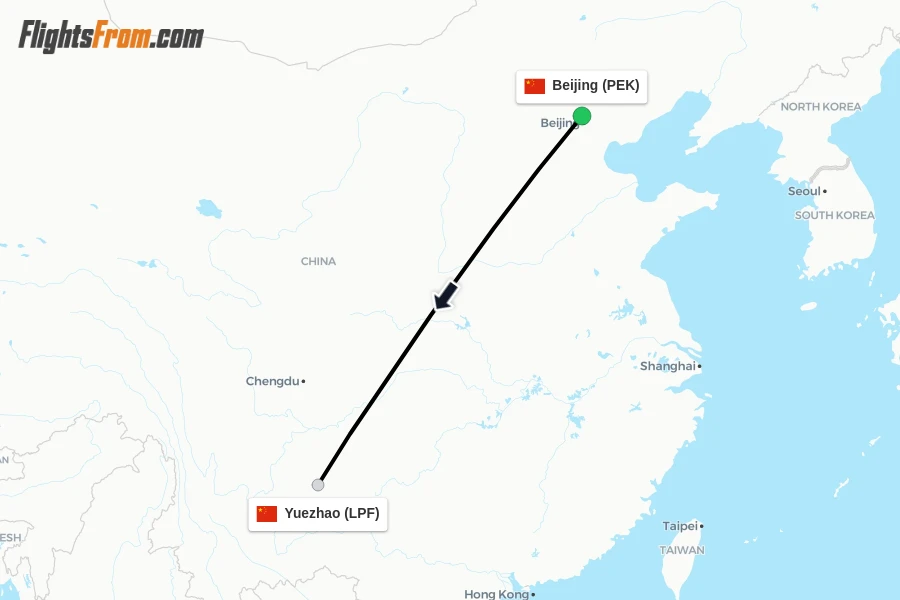 Flights from Beijing to Yuezhao route map