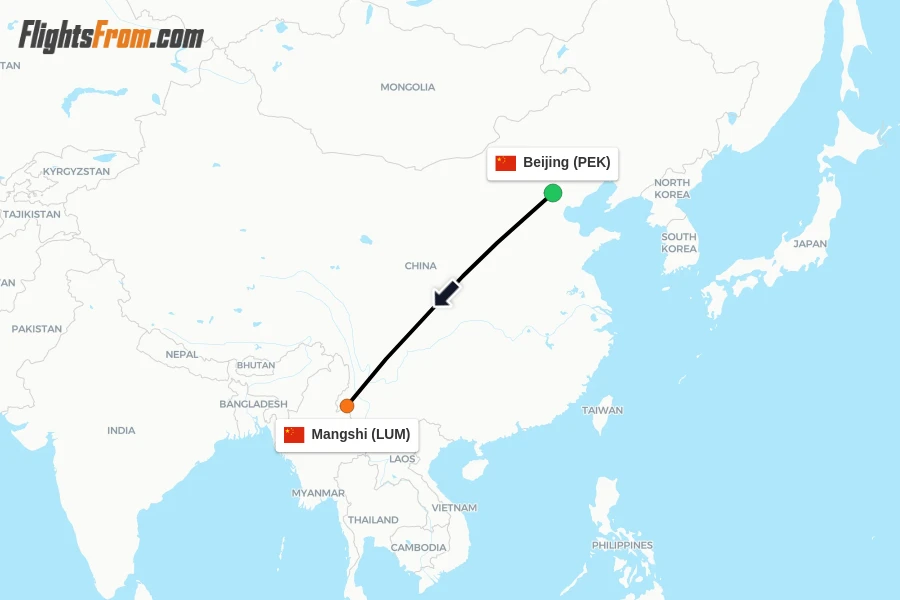 Flights from Beijing to Mangshi route map