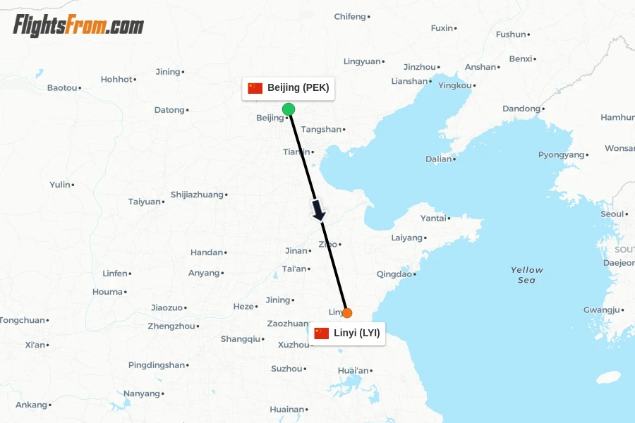 Flights from Beijing to Linyi route map