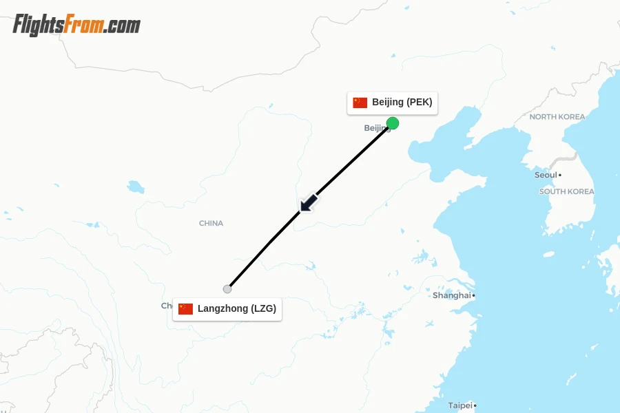 Flights from Beijing to Langzhong route map