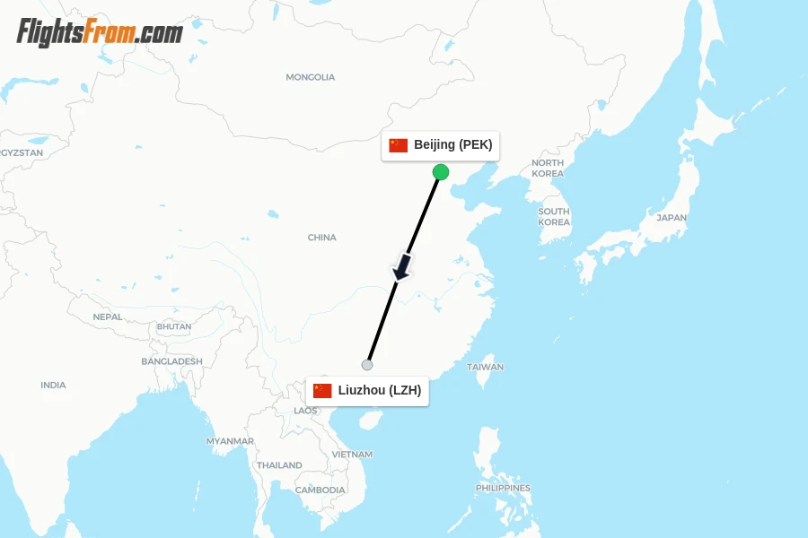 Flights from Beijing to Liuzhou route map