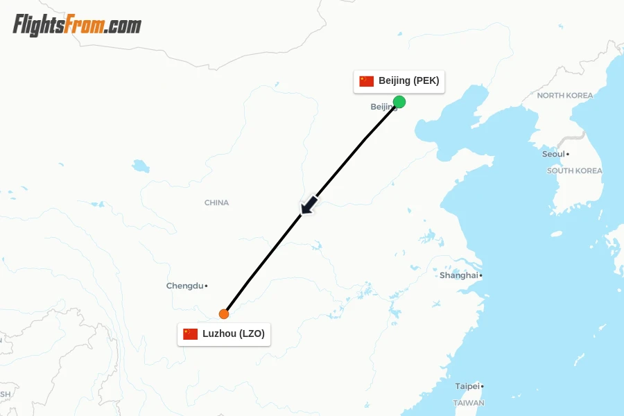 Flights from Beijing to Luzhou route map