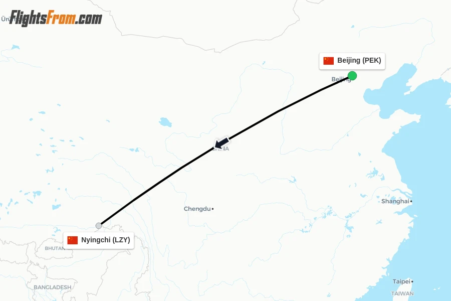 Flights from Beijing to Nyingchi route map