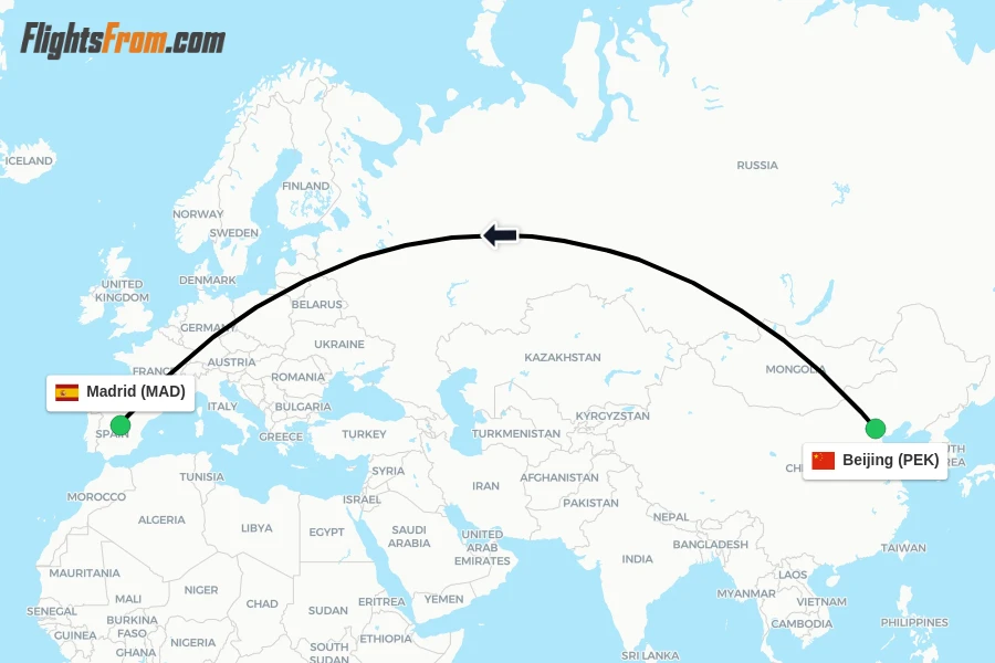 Flights from Beijing to Madrid route map