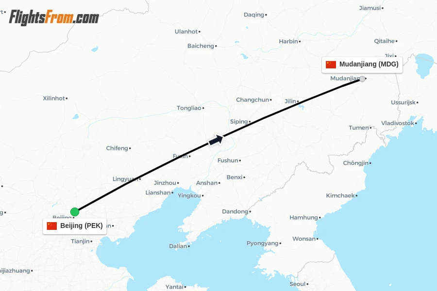 Flights from Beijing to Mudanjiang route map