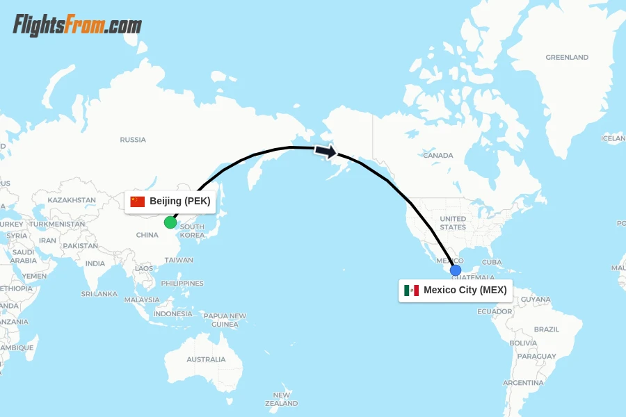 Flights from Beijing to Mexico City route map
