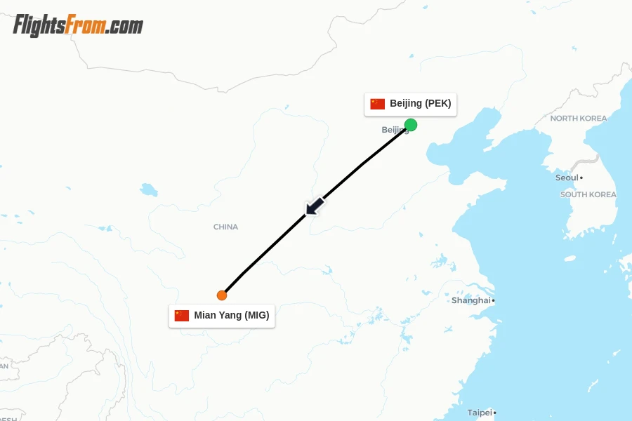 Flights from Beijing to Mian Yang route map