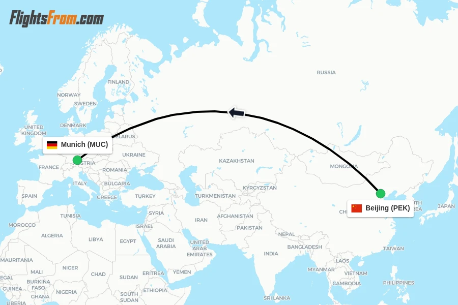 Flights from Beijing to Munich route map
