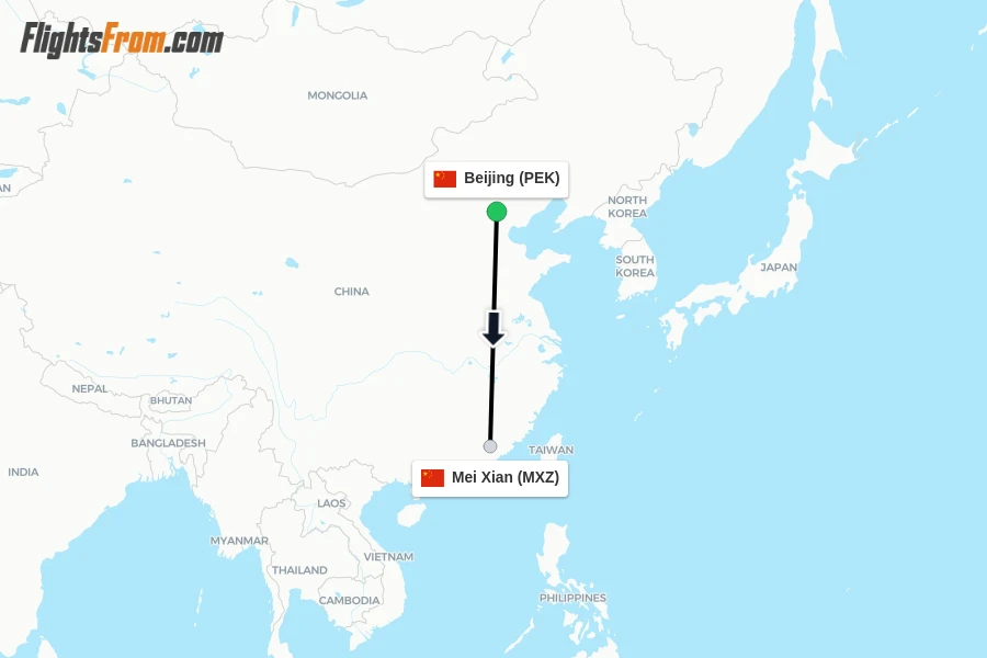 Flights from Beijing to Mei Xian route map