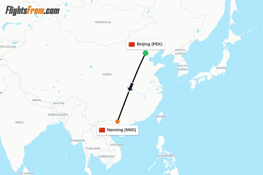 Flights from Beijing to Nanning route map