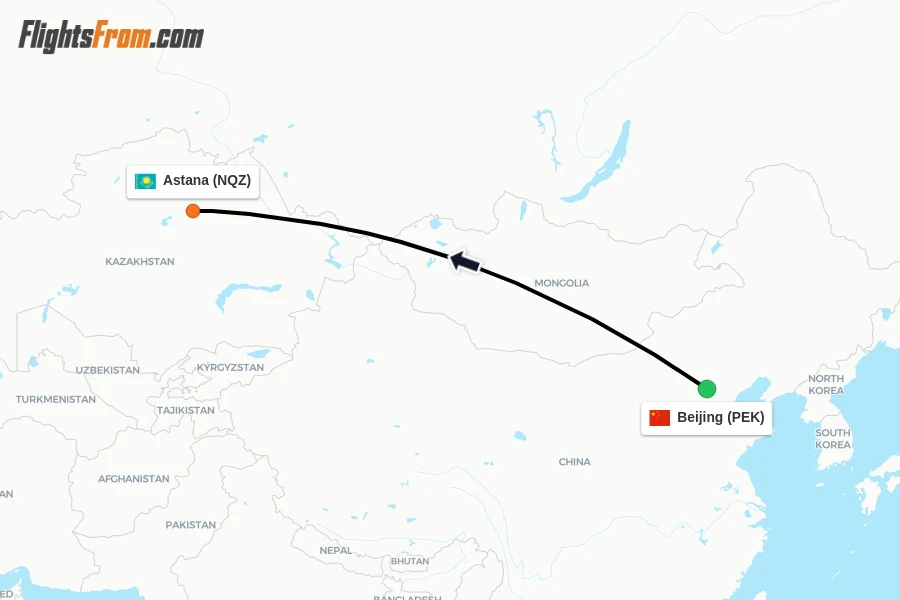 Flights from Beijing to Astana route map