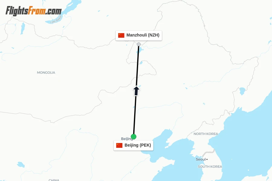 Flights from Beijing to Manzhouli route map