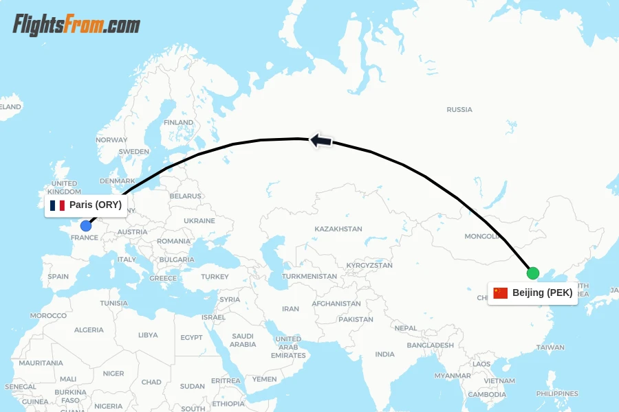 Flights from Beijing to Paris route map