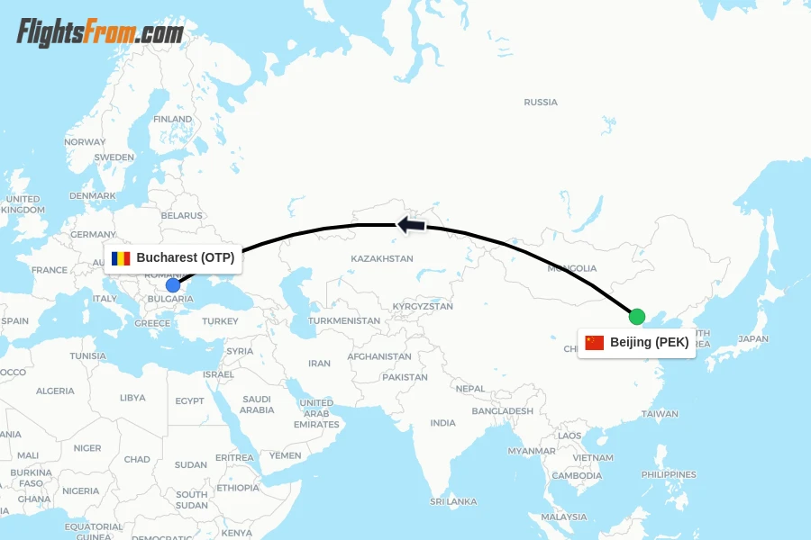 Flights from Beijing to Bucharest route map