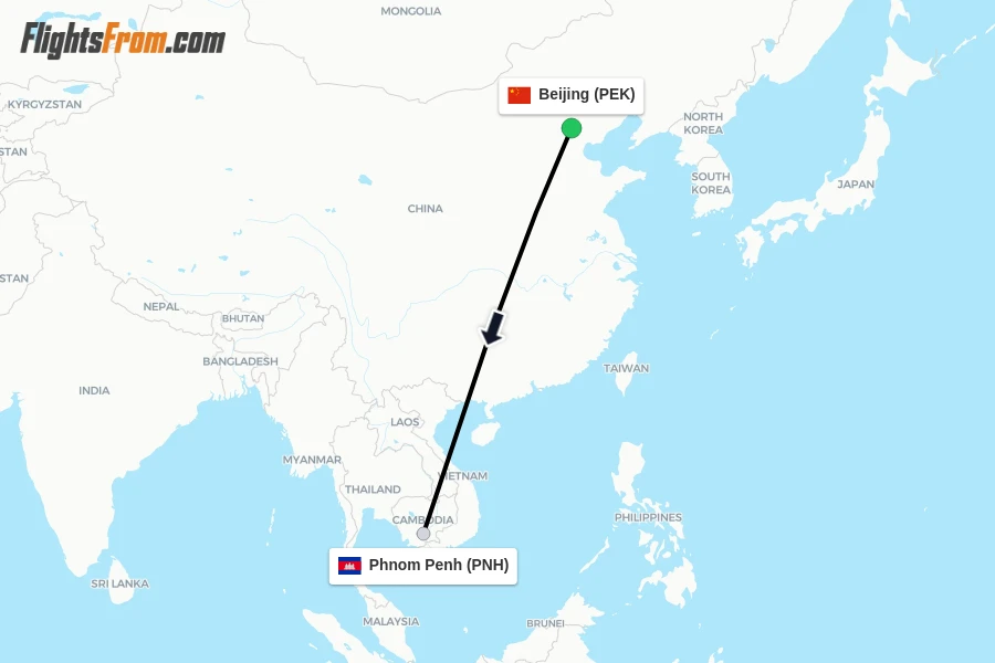 Flights from Beijing to Phnom Penh route map