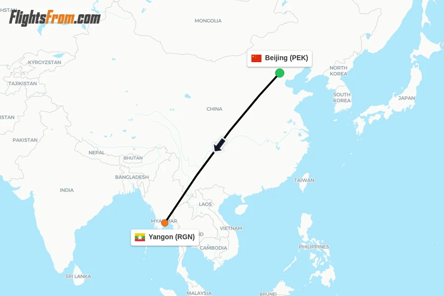 Flights from Beijing to Yangon route map