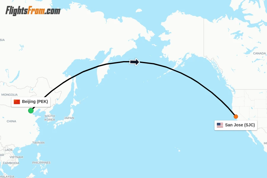 Flights from Beijing to San Jose route map