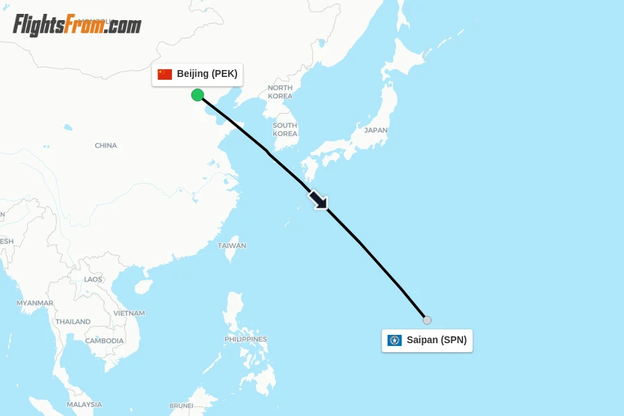 Flights from Beijing to Saipan route map