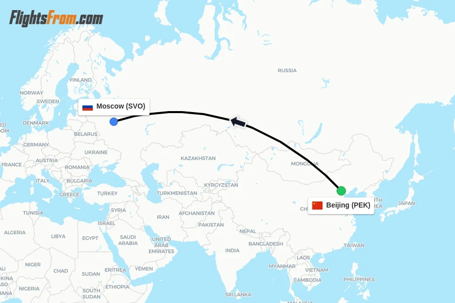 Flights from Beijing to Moscow route map