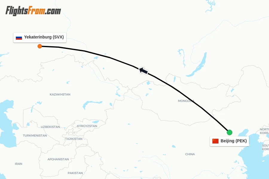 Flights from Beijing to Yekaterinburg route map