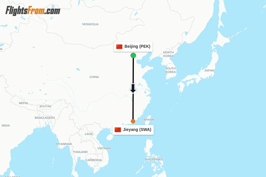 Flights from Beijing to Jieyang route map