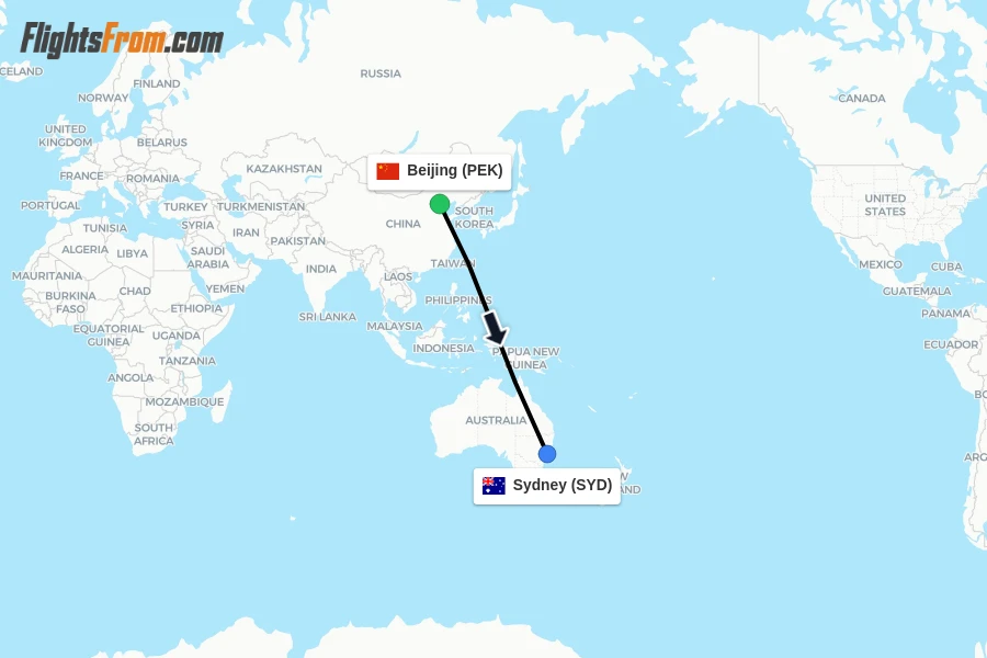 Flights from Beijing to Sydney route map