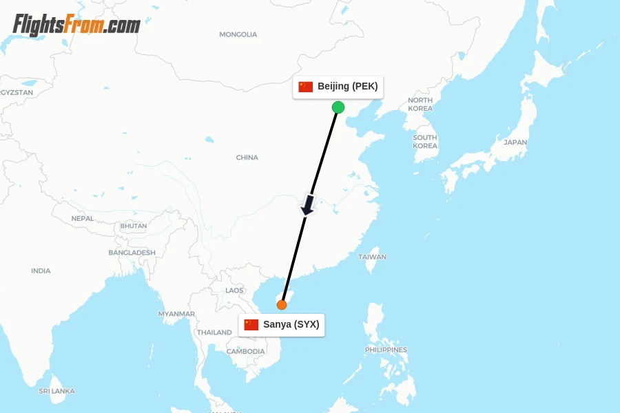 Flights from Beijing to Sanya route map