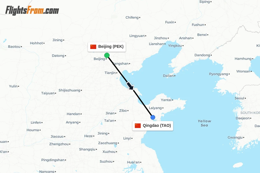 Flights from Beijing to Qingdao route map