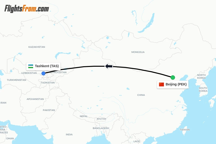 Flights from Beijing to Tashkent route map